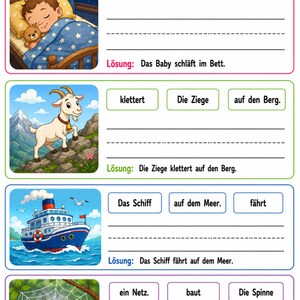 May include: Educational worksheet in German with illustrations and sentence-building exercises. Includes images of a baby sleeping, a goat climbing a mountain, a ship sailing, and a spider building a web. The title is "S&auml;tze bauen".