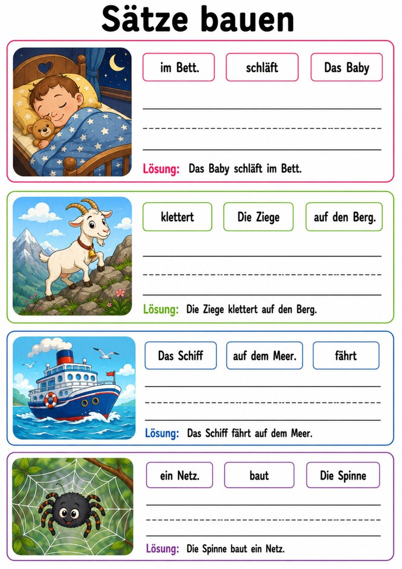 May include: Educational worksheet in German with illustrations and sentence-building exercises. Includes images of a baby sleeping, a goat climbing a mountain, a ship sailing, and a spider building a web. The title is "S&auml;tze bauen".