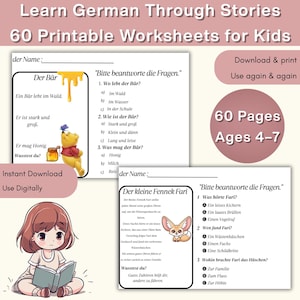 60 German Reading Comprehension Worksheets, Beginner German Short Stories with Morals & MCQs, Learn German A1 PDF, Deutsch für Kinder