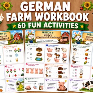 Arbeitsbuch zum Thema Bauernhof für Kinder | Bauernhof Arbeitsblätter | Kindergarten & Vorschule PDF | Deutsch Lernen | 60 A4 Seiten