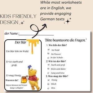 Short German Stories for Kids, Multiple Choice Worksheet, Cute Characters, Easy Fonts, Language Learning, Educational, Language Practice