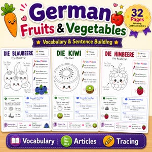以下が含まれることがあります： ドイツ語の果物と野菜をテーマにした3枚の学習ワークシートセット。ブルーベリー、キウイ、ラズベリーの塗り絵、語彙、文章構成、文法練習、なぞり書きの課題が含まれており、子供向けの教材として構成されています。