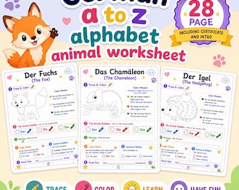May include: A 28-page German alphabet animal worksheet set featuring a cartoon fox. The pages include tracing, coloring, and grammar exercises for animals like the fox, chameleon, and hedgehog, with instructions in English and German throughout.