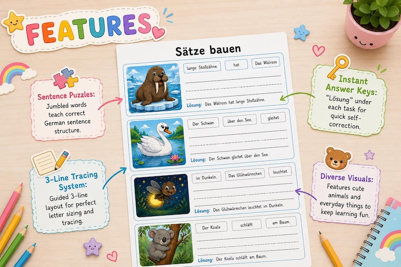 May include: Educational worksheet with German sentence puzzles, featuring illustrations of a walrus, swan, firefly, and koala. Includes sentence puzzles, a 3-line tracing system, and instant answer keys. The word "FEATURES" is at the top.