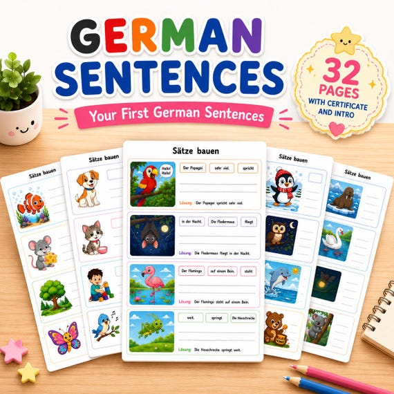 German Sentence Building Worksheets | Sätze bauen Arbeitsblätter | Learn German Kids | 32 Page First Sentences | Kindergarten PDF