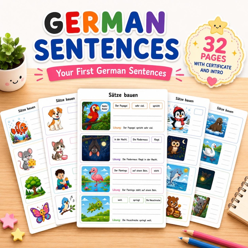 May include: Educational German language learning materials. The image shows a set of worksheets with colorful illustrations and German sentences. The title "GERMAN SENTENCES" is displayed at the top, with "Your First German Sentences" below it.