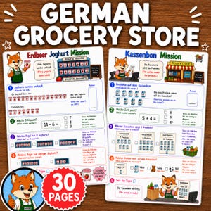 May include: Two educational worksheets titled German Grocery Store featuring a cartoon fox mascot. The pages contain math problems with illustrations of yogurt cups, milk cartons, and receipts, including text in German and English for learning activities.