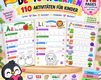 May include: A German language learning activity book for children featuring 112 pages with 110 exercises. The cover displays colorful worksheets with letters, animals, and tracing tasks, alongside a cartoon penguin holding a pink heart.