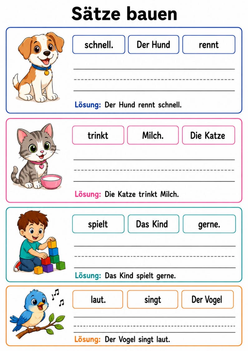 May include: Educational worksheet titled "S&auml;tze bauen" with illustrations of a dog, cat, child, and bird. The worksheet provides sentence-building exercises with words like "quickly," "drinks," "plays," and "loudly."