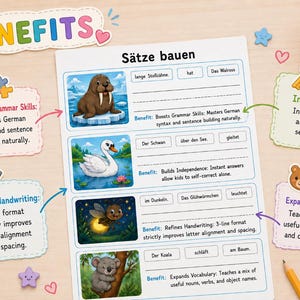 May include: Educational worksheet with German language exercises. The worksheet features illustrations of a walrus, swan, firefly, and koala. Benefits include grammar skills, handwriting refinement, vocabulary expansion, and building independence.