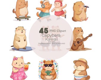 45 Kawaii Capybara PNG Clipart, Planner Stickers (Digital Download)