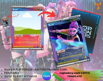 Tarjeta de monedero editable y personalizable de cazadores de demonios de K-pop, estilo energía básica, tarjeta coleccionable Huntrix Saja Boys, descargas digitales, plantilla de Canva