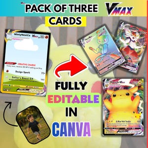 Pode incluir: Imagem de três cartas colecionáveis VMAX com designs de Pikachu, Mew e Cinderace. As cartas são totalmente editáveis no Canva. O texto "PACK OF THREE CARDS" está no topo. Um cartão apresenta uma foto de uma criança. Fundo amarelo.