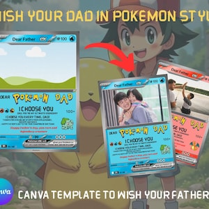 Carte Pokémon, carte Pokémon personnalisée pour père, carte de vœux pour papa, carte de condoléances pour la fête des pères, modèle Canva modifiable à télécharger numérique