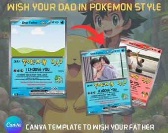 Tarjeta Pokémon para papá | Regalo del Día del Padre de parte de los niños | Plantilla personalizada de tarjeta Pokémon | Regalo de última hora para el Día del Padre, descarga digital editable en Canva