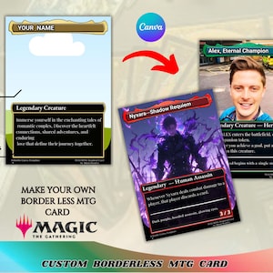 Puede incluir: Imagen promocional para cartas personalizadas de Magic: The Gathering. La imagen presenta una plantilla con espacio para un nombre e imagen, junto con una carta de muestra con una figura morada oscura y el texto "Nyxara - Shadow Requiem".