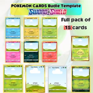 May include: A collection of 15 Pokémon card templates with a "Sword & Shield" theme. Each card features a space for a name, HP, and attack details. The cards have various color schemes, including blue, yellow, green, pink, and red, with a landscape image area.