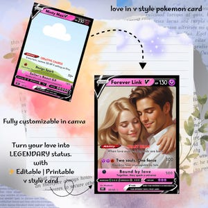 Puede incluir: Dise&ntilde;o de tarjeta Pok&eacute;mon personalizable con una pareja abraz&aacute;ndose, etiquetada como "Forever Link V". La tarjeta tiene una combinaci&oacute;n de colores rosa y morado con el texto "Bound by love". La tarjeta es parte de un conjunto que se puede editar e imprimir.