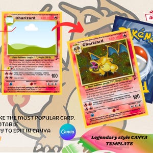Puede incluir: Una plantilla digital para una carta Pokémon Charizard, con un diseño amarillo y rojo con el texto "Charizard" y "120". La plantilla incluye campos de texto y energía editables, con una etiqueta "Legendary".