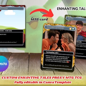 Puede incluir: Imagen de cartas MTG personalizadas con el texto "ENHANTING TALES". Las cartas presentan imágenes de una pareja y un hombre con una capa roja. También se ve el texto "Immerse yourself" y "Enchanting tales".