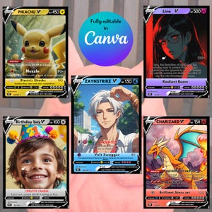 Puede incluir: Se muestran seis dise&ntilde;os de cartas coleccionables, cada uno con ilustraciones y texto. Las cartas presentan personajes y criaturas, incluyendo a Pikachu y Charizard. Una carta est&aacute; etiquetada como "Birthday boy V". Tambi&eacute;n est&aacute; presente el texto "Fully editable in Canva".