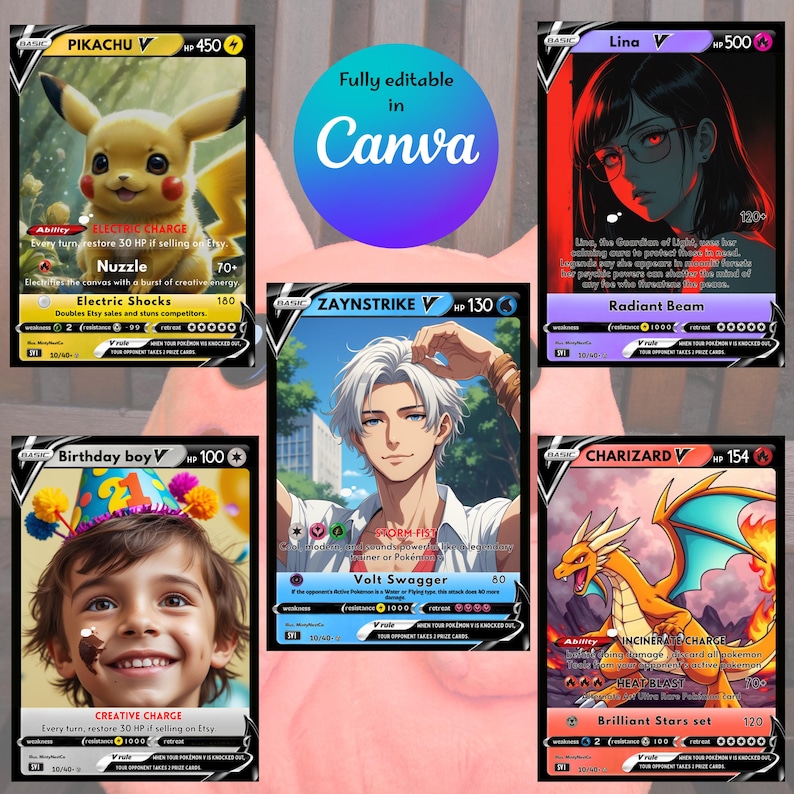 Puede incluir: Se muestran seis dise&ntilde;os de cartas coleccionables, cada uno con ilustraciones y texto. Las cartas presentan personajes y criaturas, incluyendo a Pikachu y Charizard. Una carta est&aacute; etiquetada como "Birthday boy V". Tambi&eacute;n est&aacute; presente el texto "Fully editable in Canva".