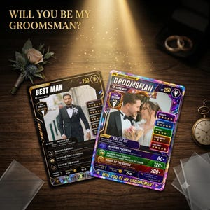 Könnte beinhalten: Zwei rechteckige Sammelkarten mit Hochzeitsthemen. Eine Karte zeigt einen Mann im Anzug mit der Aufschrift Best Man, die andere ein Paar mit der Aufschrift Groomsman. Beide Karten enthalten spielartige Statistiken, Text und goldene Akzente.