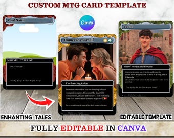 Puede incluir: Un conjunto de tres plantillas de cartas MTG personalizadas que incluyen una carta en blanco, una carta titulada Immerse yourself con una pareja cenando y una carta titulada Cedric con un retrato. El texto incluye CUSTOM MTG CARD TEMPLATE y FULLY EDITABLE IN CANVA.
