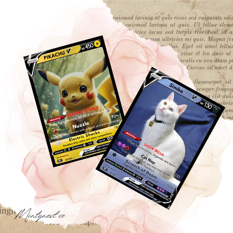 Puede incluir: Dos cartas coleccionables, una con Pikachu y otra con un gato blanco llamado Simba. La carta de Pikachu tiene un fondo amarillo, la de Simba uno azul. Ambas cartas muestran texto y estad&iacute;sticas del juego.