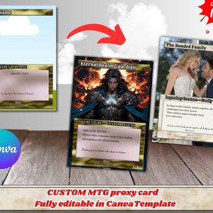 Könnte beinhalten: Digitales Design für eine benutzerdefinierte MTG-Proxy-Karte, vollständig bearbeitbar in Canva. Das Design zeigt eine Karte mit dem Text "Eternal Realm Guardian" und eine Fantasy-Illustration. Eine andere Karte zeigt ein Paar. Das Design enthält das Canva-Logo.