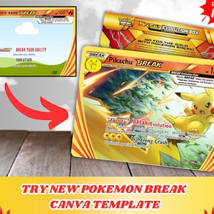 Könnte beinhalten: Eine Pikachu BREAK Pokémon-Karte mit gelbem und goldenem Design. Die Karte zeigt den Text "Pikachu BREAK" und "Lightning Crash". Das Bild enthält auch eine "BREAK Evolution Box" und eine Canva-Vorlage.