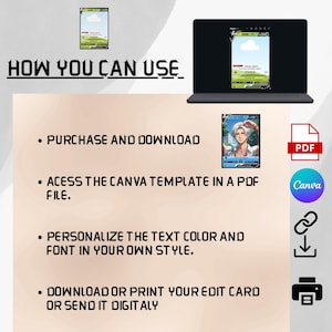 Puede incluir: Gr&aacute;fico digital con el texto "C&Oacute;MO PUEDES USAR" y vi&ntilde;etas que describen el proceso: comprar y descargar, acceder a la plantilla de Canva, personalizar el texto y descargar o imprimir. Incluye una computadora port&aacute;til, una tarjeta coleccionable e iconos.