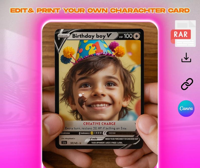 Puede incluir: Una tarjeta de personaje personalizada con la foto de un ni&ntilde;o sonriente con un gorro de cumplea&ntilde;os. La tarjeta muestra "Birthday boy V" y "CREATIVE CHARGE". La tarjeta se sostiene en las manos, con el texto "EDIT & PRINT YOUR OWN CHARACTER CARD" en la parte superior.