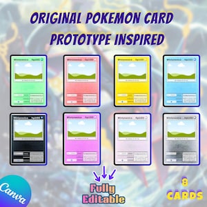 Puede incluir: Ocho coloridas tarjetas Pokémon inspiradas en prototipos con una imagen de paisaje, cada una con una combinación de colores única. Las tarjetas presentan el texto "Mintynestco hp100" y "Fully Editable". Las palabras "Original Pokemon Card Prototype Inspired" están en la parte superior.