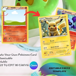 Aangepaste Pokémon-kaart, Pokémon-kaart Canva-sjabloon, kaarten om je eigen personage te maken, eendelige TCG, digitale downloads, afdrukbare kaarten