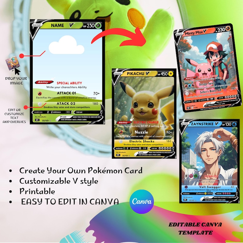 Puede incluir: Una plantilla de tarjeta Pok&eacute;mon personalizable con un dise&ntilde;o verde y negro. La plantilla incluye campos de texto para nombres de personajes, habilidades y ataques. La imagen tambi&eacute;n presenta ejemplos de tarjetas completadas con varios personajes y el texto "Create Your Own Pok&eacute;mon Card".