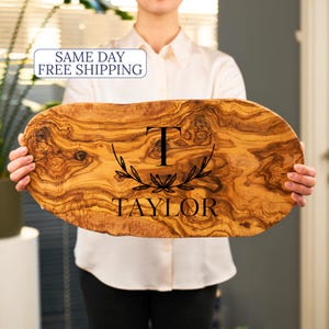 Olive Wood Personalized Cutting Board, Rustic Cheese Board, Live Edge Board, Charcuterie Board, Unique Wedding Gift, Housewarming Gift