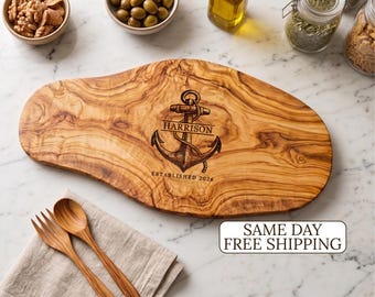 Personalized Anchor Olive Wood Cutting Board, Boat Owner Gift, New Boat Gift, Nautical Charcuterie Board, Boat Party Gift for Couple