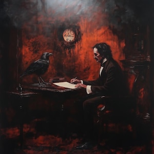 May include: A man in a dark suit sits at a desk writing on a piece of paper. A black raven sits on the desk next to him. The room is dimly lit and has a dark red background.