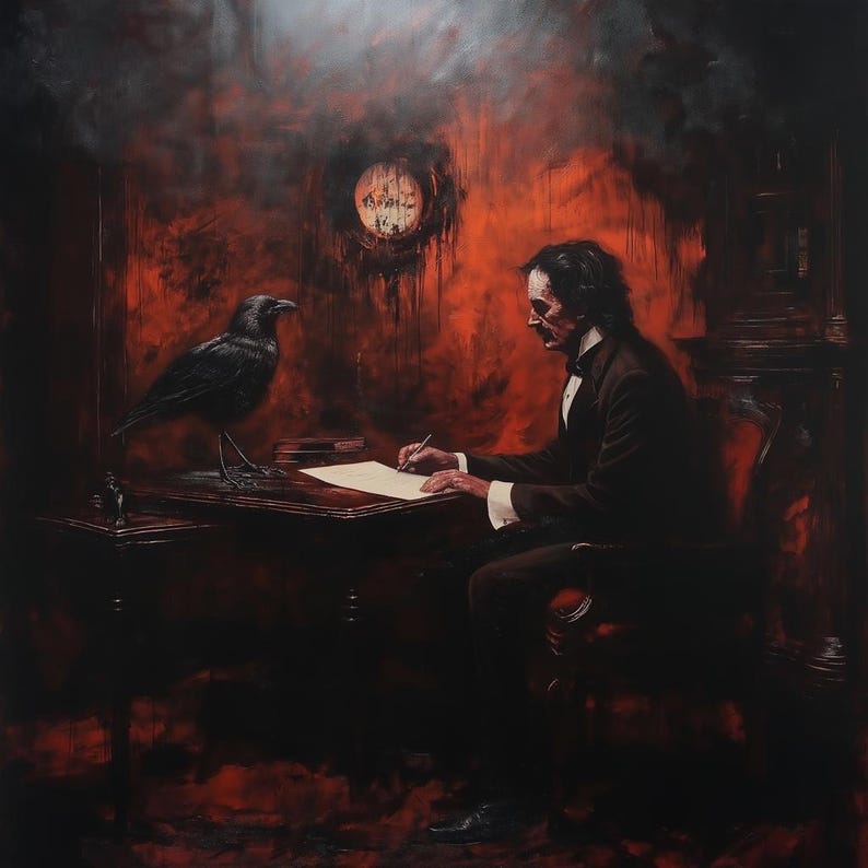 May include: A man in a dark suit sits at a desk writing on a piece of paper. A black raven sits on the desk next to him. The room is dimly lit and has a dark red background.