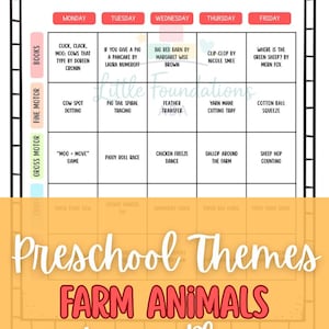 May include: A lesson plan for preschool farm animal themes. The plan includes daily instructions and activities for the week. The title "Pre-K Farm Animals" is in red and white. The lesson plan includes books, fine motor, and gross motor activities.