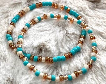 Turquoise Cream & Metallic Gold | Seed Bead Stretch Bracelet Set