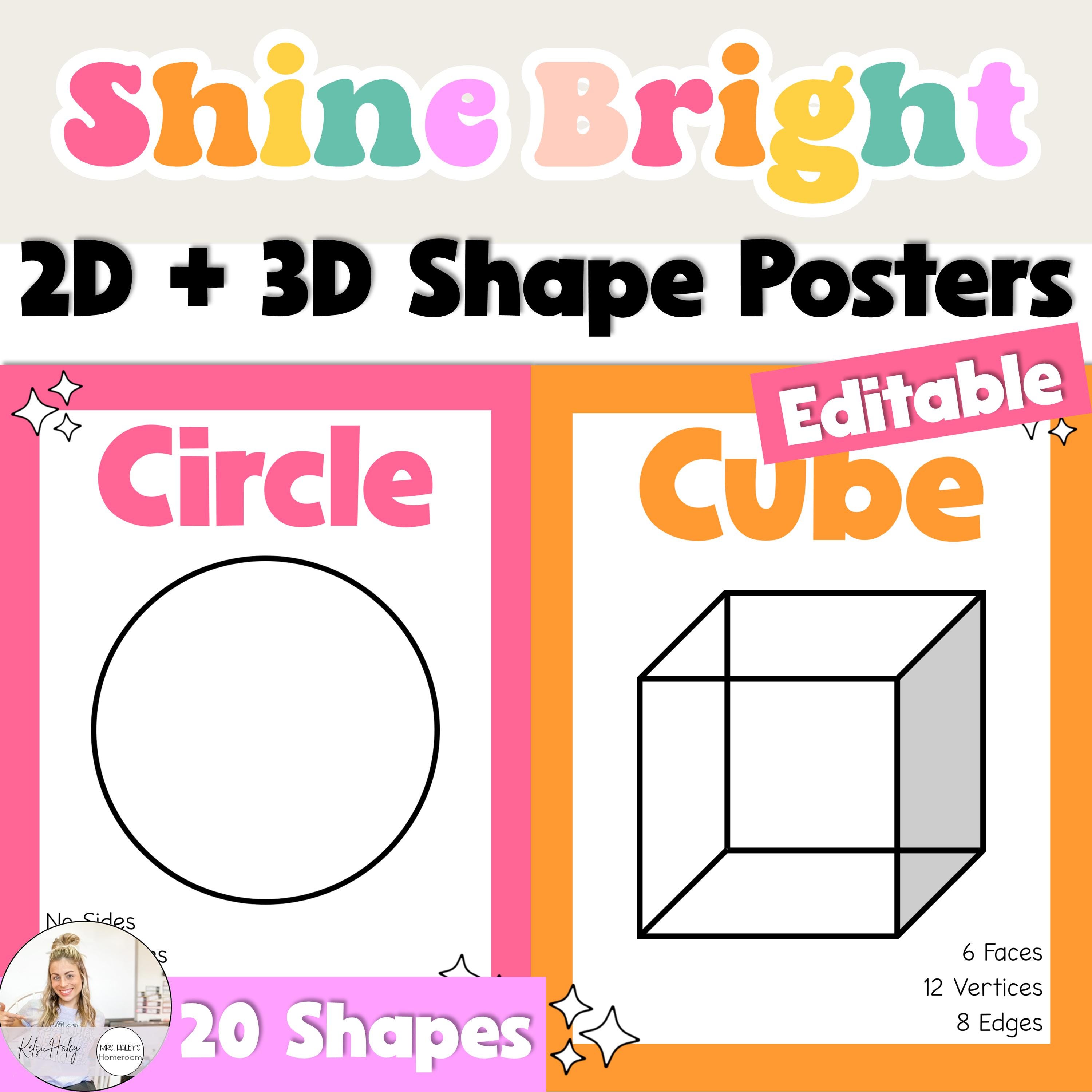 2D + 3D Shape Math Posters | Shine Bright| Editable Colorful Classroom ...
