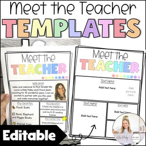 May include: A template for a "Meet the Teacher" document, featuring a colorful design with the words "Meet the Teacher" and "Templates." The template includes sections for text, pictures, and contact information, with the word "Editable" at the bottom.