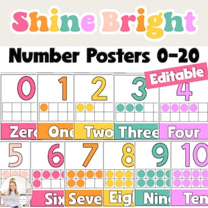 May include: Colorful number posters 0-20 with the words "Shine Bright" at the top. Each poster features a number, its corresponding word, and a ten-frame representation. The word "Editable" is in a pink banner.