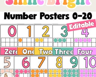May include: Colorful number posters 0-20 with the words "Shine Bright" at the top. Each poster features a number, its corresponding word, and a ten-frame representation. The word "Editable" is in a pink banner.