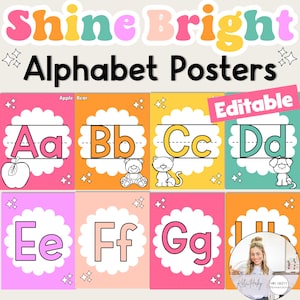 May include: Colorful alphabet posters with the words "Shine Bright" at the top. Each poster features a letter of the alphabet, a corresponding image, and the word for the image. The posters are designed for educational use.
