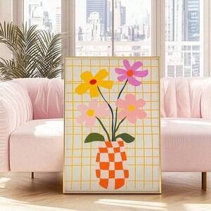 Póster de florero caprichoso: arte floral moderno y colorido para pared: estampado de cuadrícula divertido para sala de estar o habitación infantil.