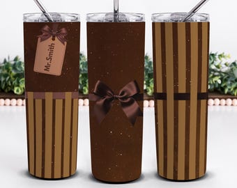 Personalised Tumbler Wrap PNG, Brown Glitter Stripes Sublimation Design 20oz