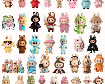 May include: A collection of Labubu character figurines featuring various outfits and themes, including animals, food, and costumes. The figures are depicted in diverse colors and textures, with some wearing hats, capes, or holding accessories like cameras and drinks.